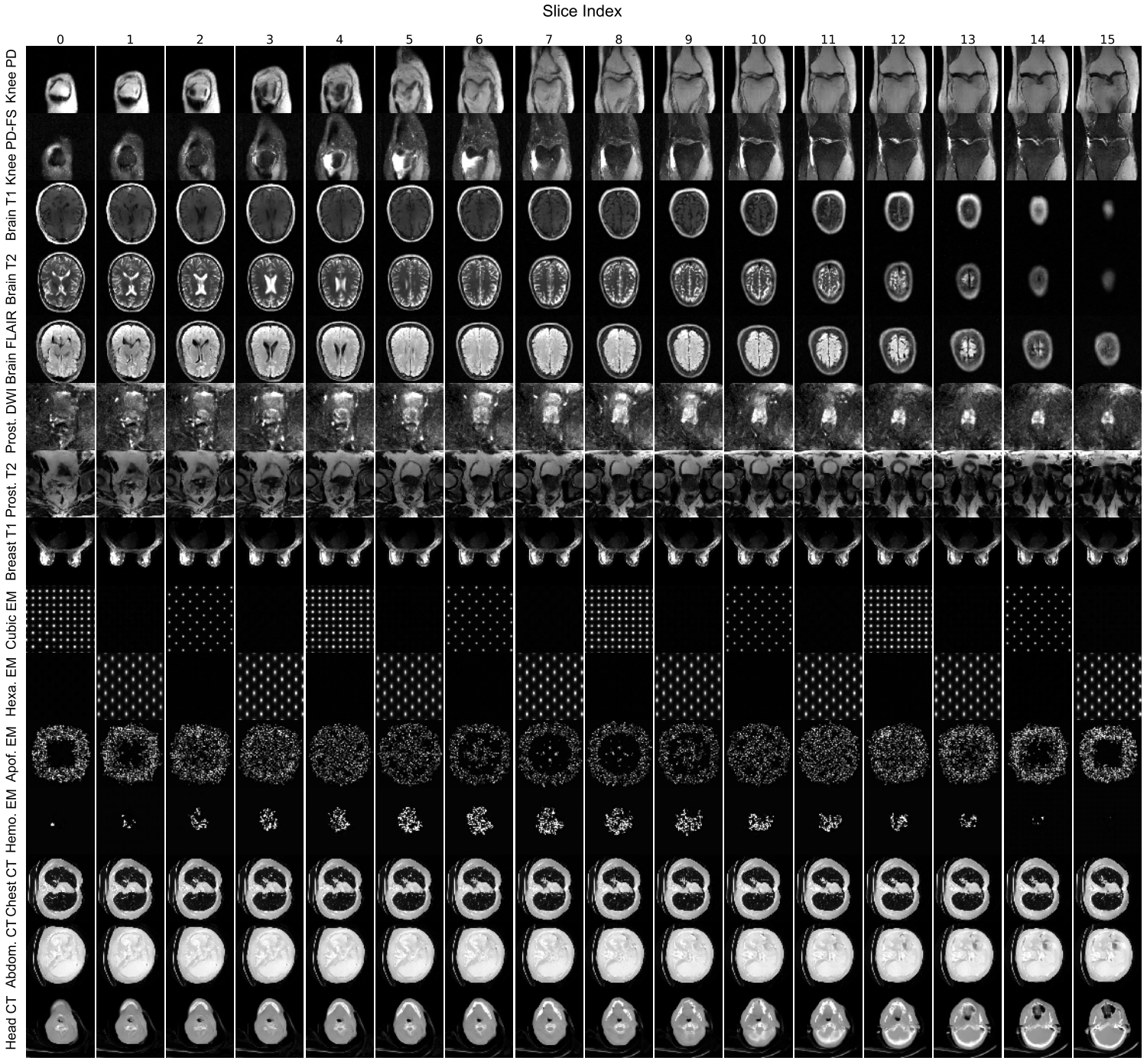 Generated volumes across all 15 imaging modalities